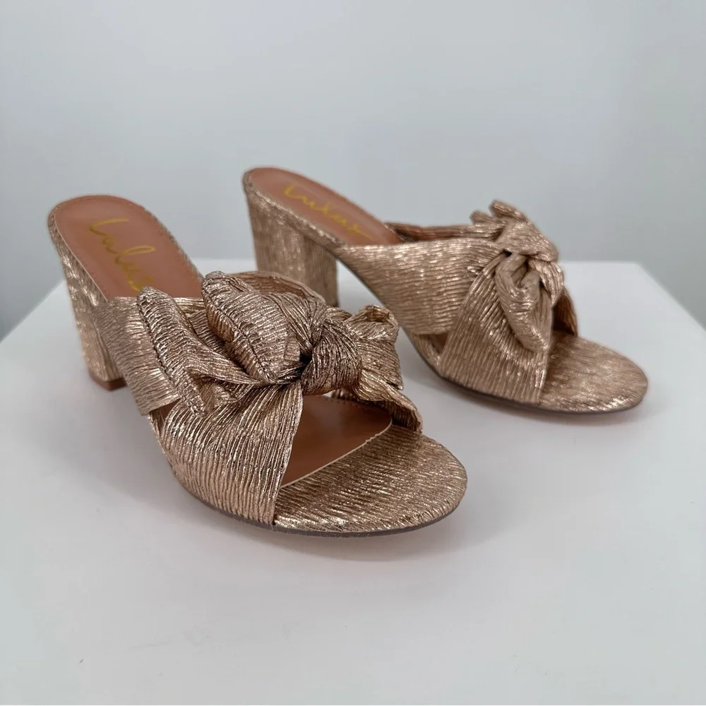 Lulus Dorothea Rose Gold Knotted High Heel Sandals size 8 New in Box Metallic
